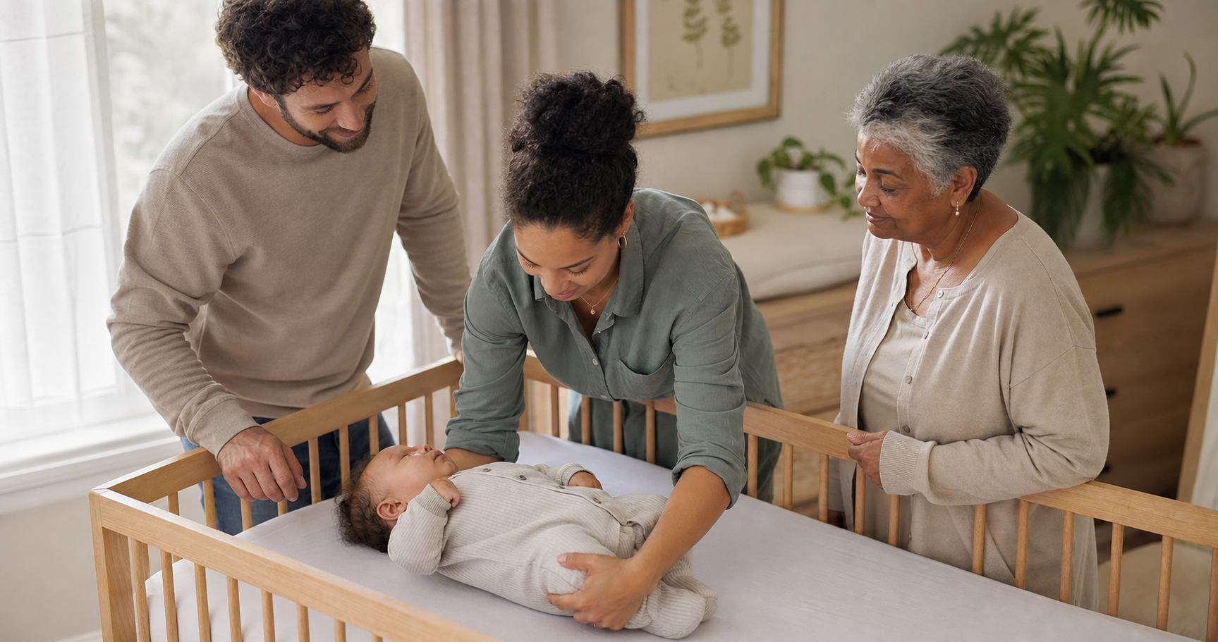 A parent shows a grandparent how to place a sleepy baby into an empty crib while the other parent watches.