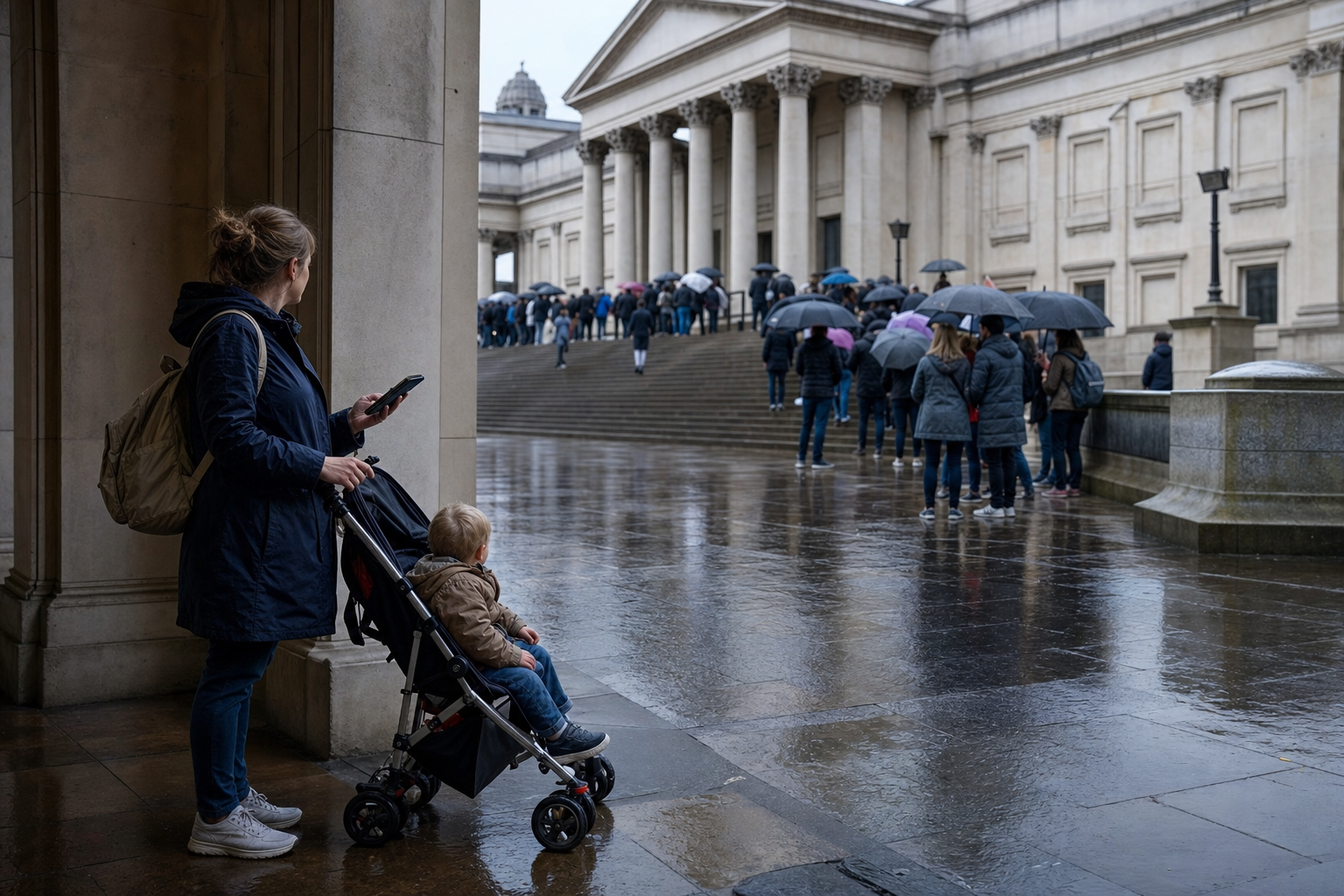 A caregiver with a toddler in a stroller pauses under shelter while looking toward a crowded, stepped museum entrance on a rainy day.
