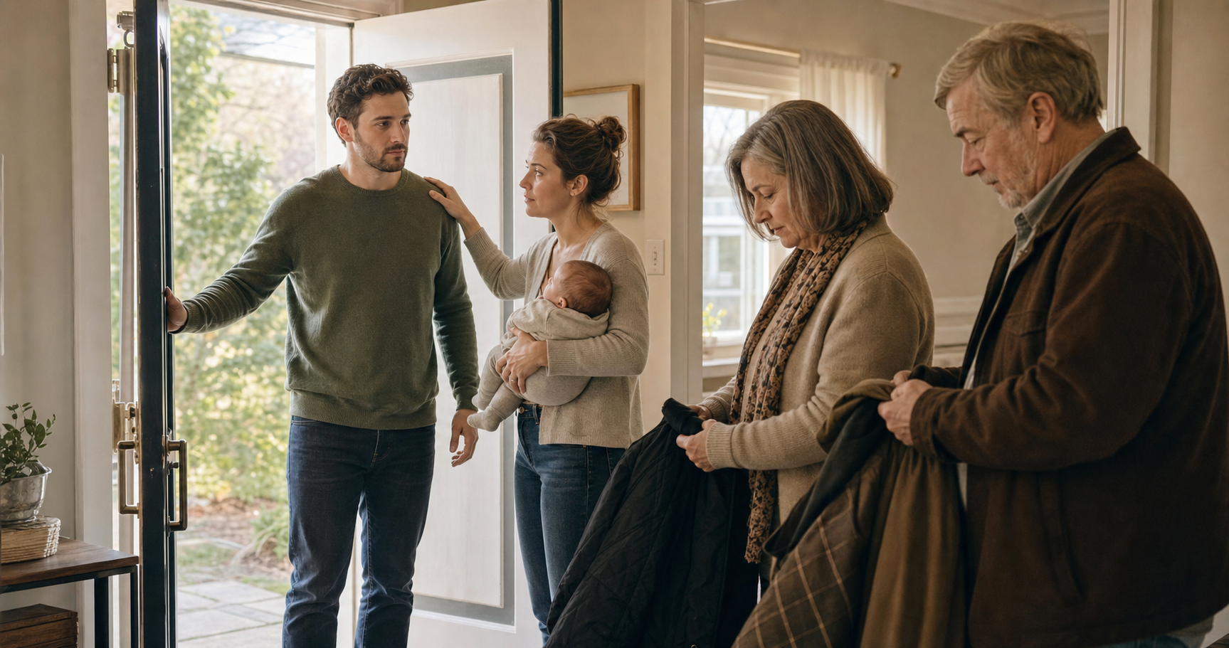 A couple calmly sees two grandparents out at the end of a tense family visit while one parent holds the baby.