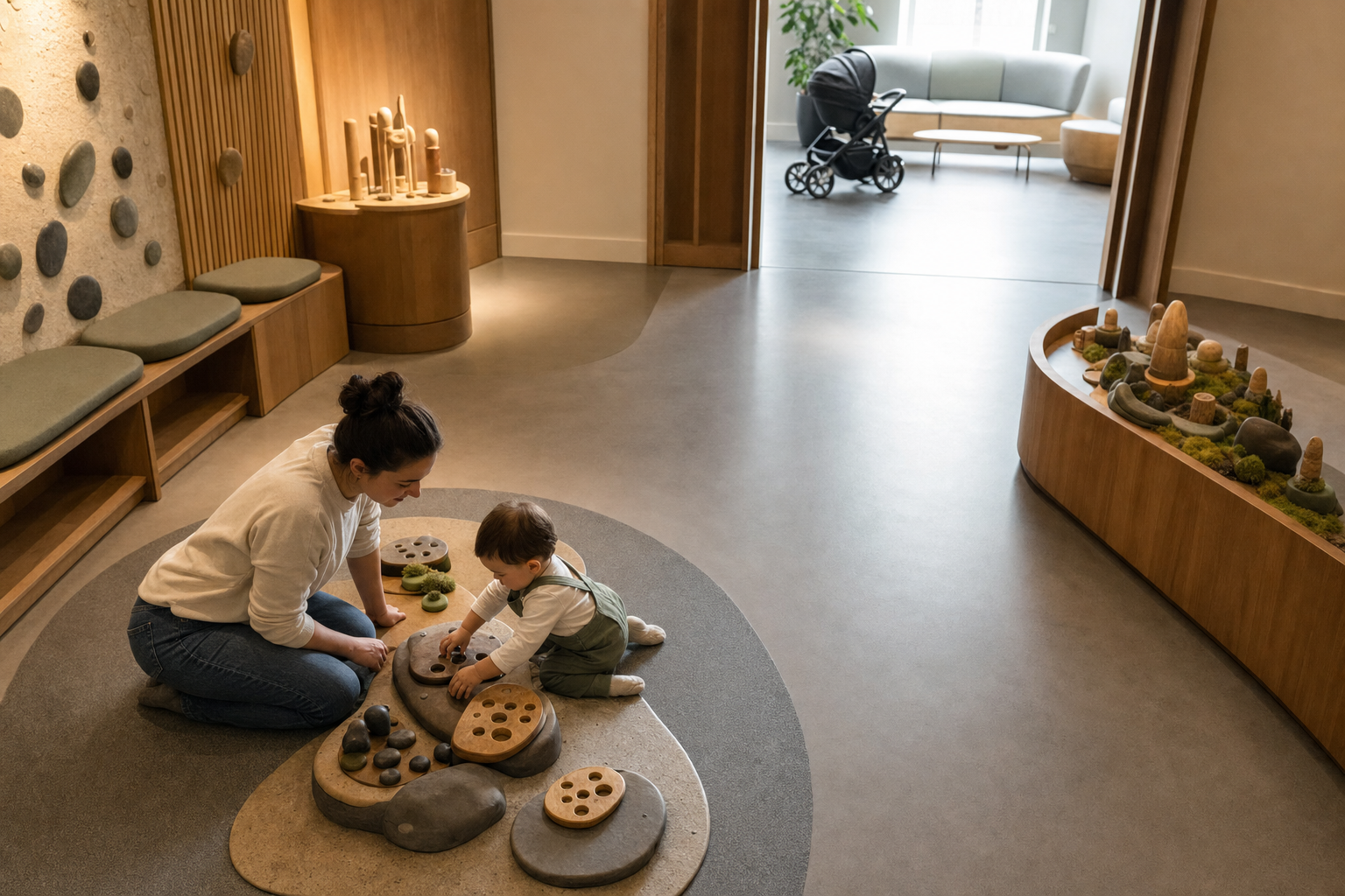 A toddler plays at a low museum activity while a second display and an open route to a quiet lobby remain visible nearby.