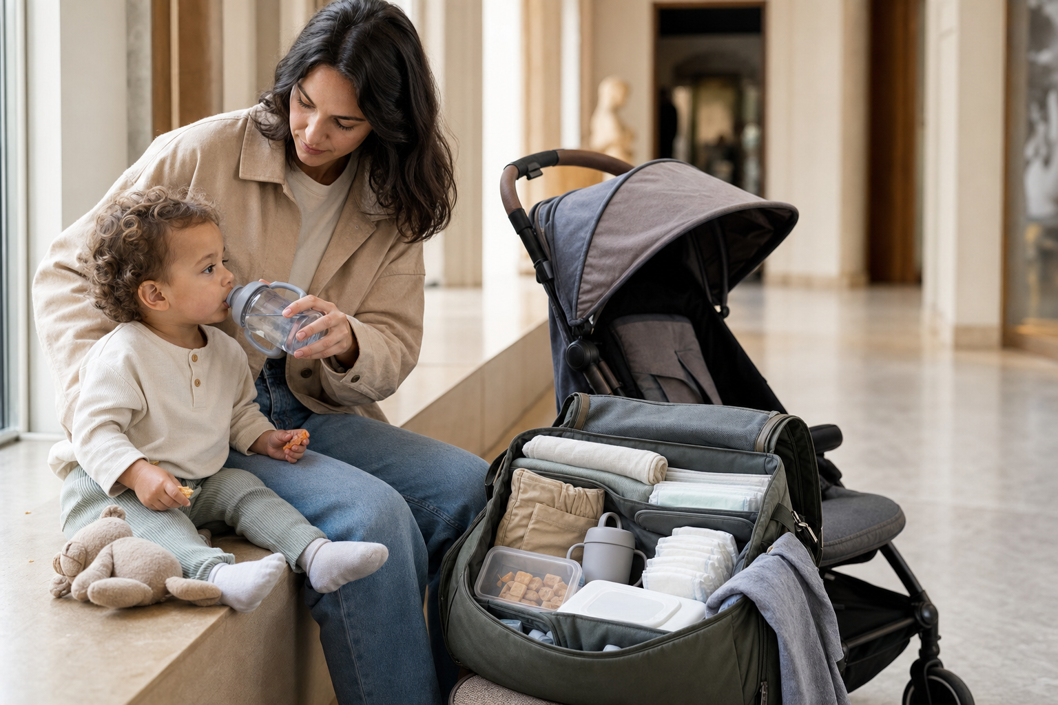 A caregiver offers a toddler water beside an open museum day bag containing diapers, spare clothes, snacks, a comfort toy and a folded changing mat.