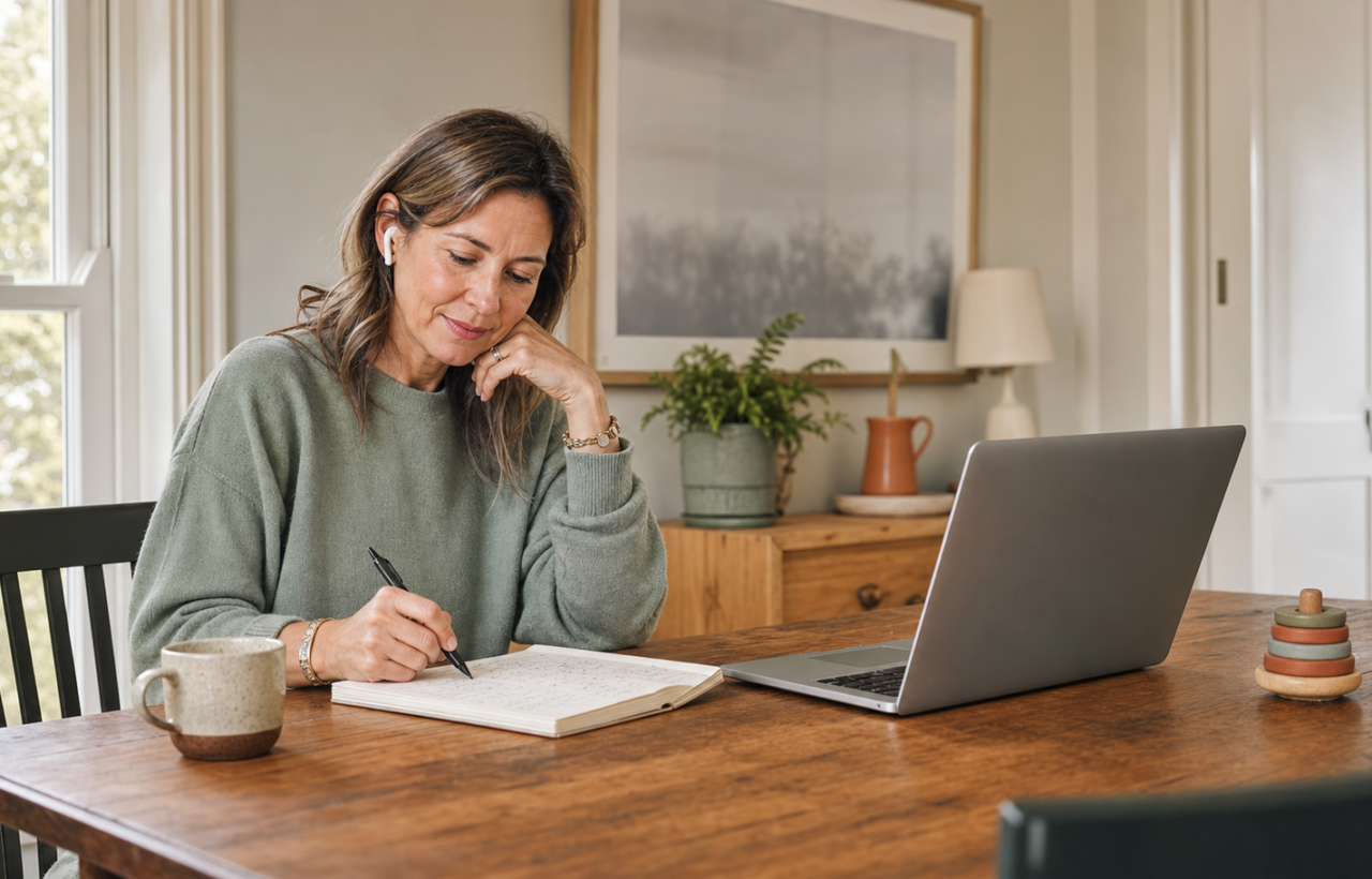 An experienced parent conducts a coaching call from a tidy table in a warm, lived-in home.