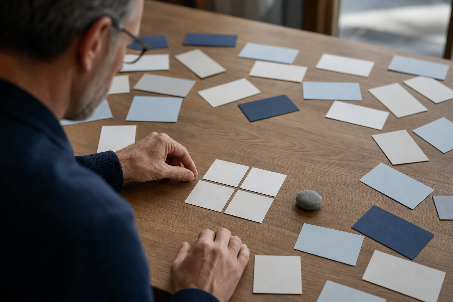 A professional sorts many blank cards into one small, focused group on a table.