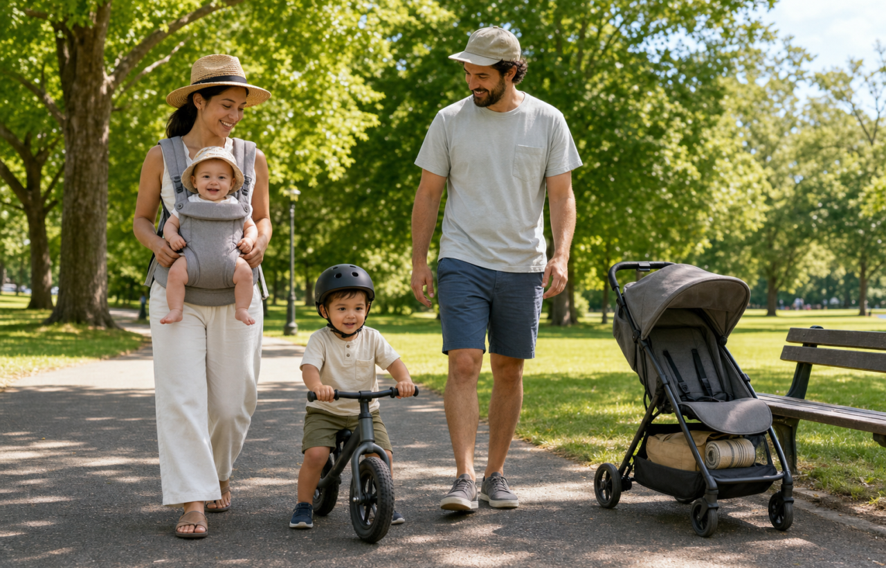 A family walks through a sunny park with a baby in a front carrier and a helmeted toddler riding a balance bike beside them.