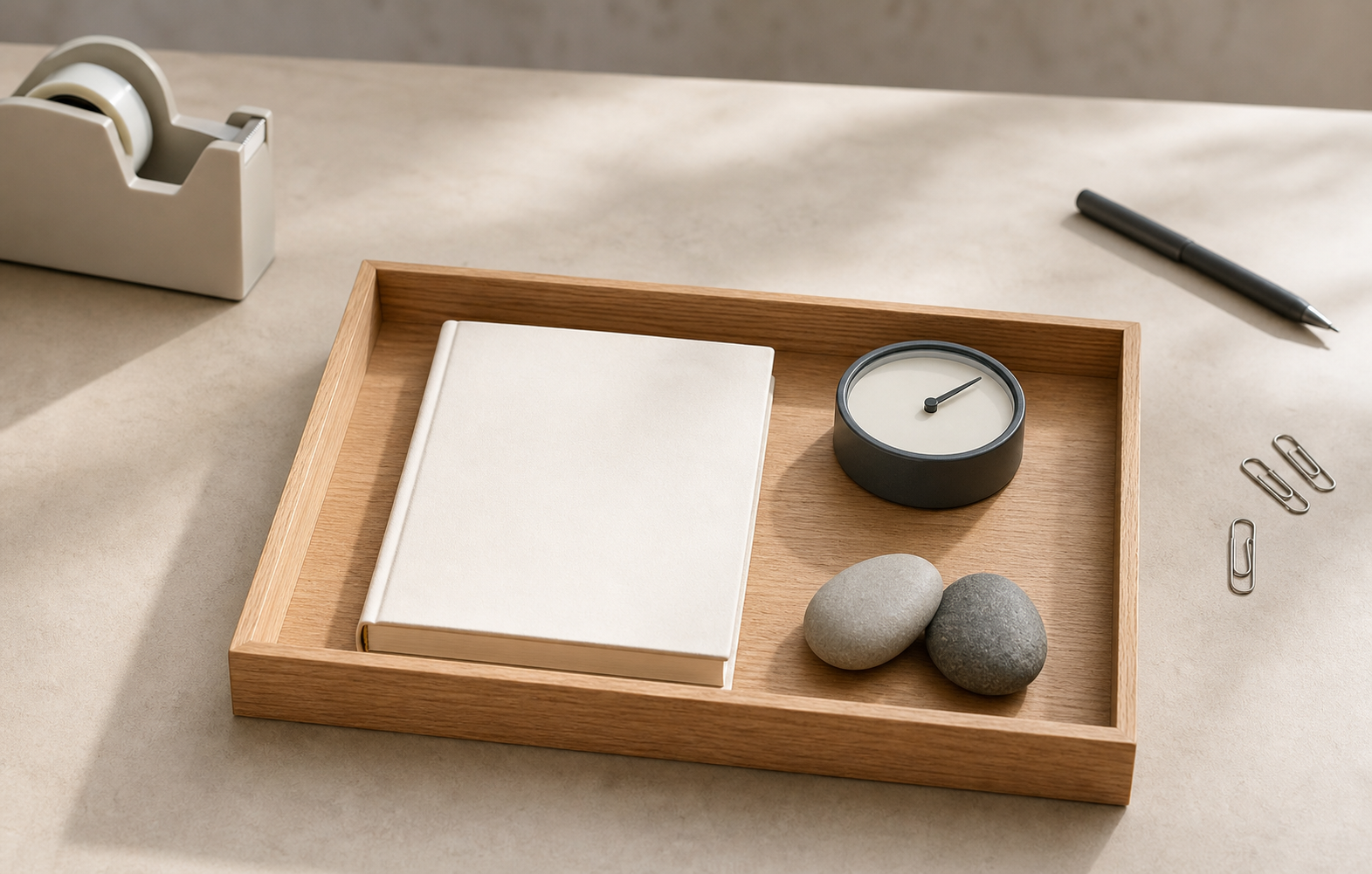 A notebook, timer, and two stones sit inside a small tray, separated from other office objects.