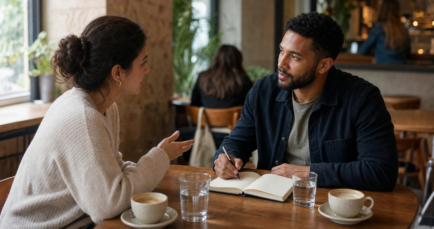 An aspiring coach listens to a prospective client during a focused conversation at a quiet cafe.