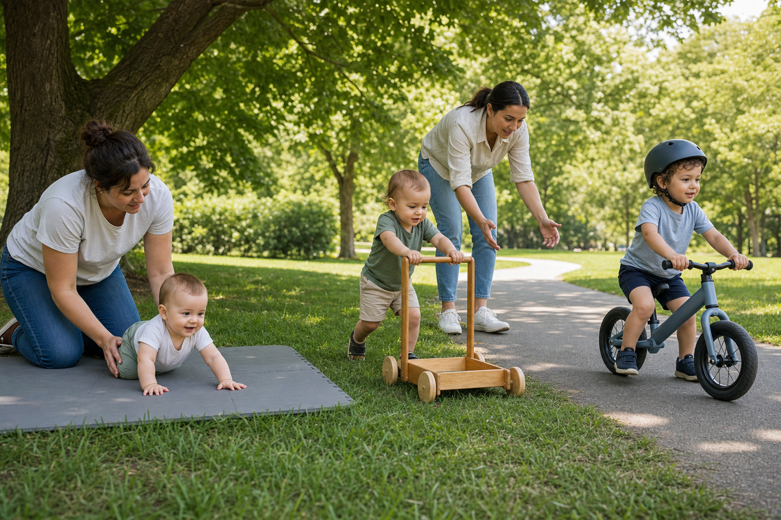 A baby crawls on a shaded mat, a young toddler uses a stable push toy, and an older helmeted toddler rides a balance bike in a park.