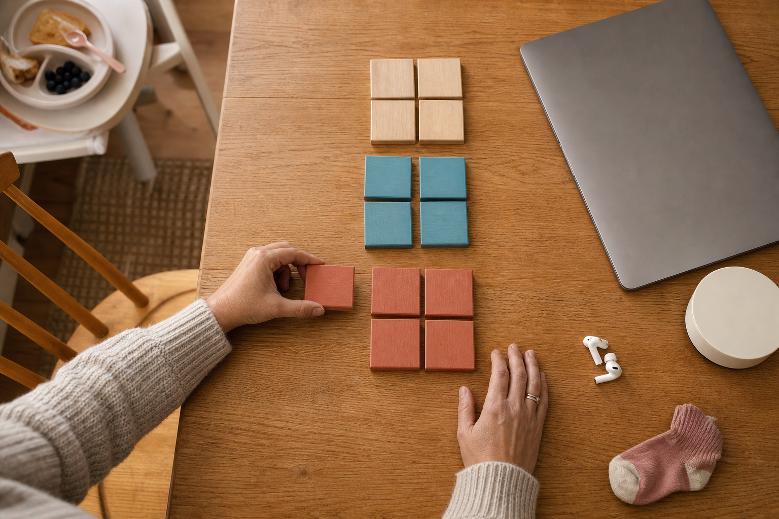 A parent arranges a few blank planning tiles beside a laptop, earbuds, timer, and child's sock.