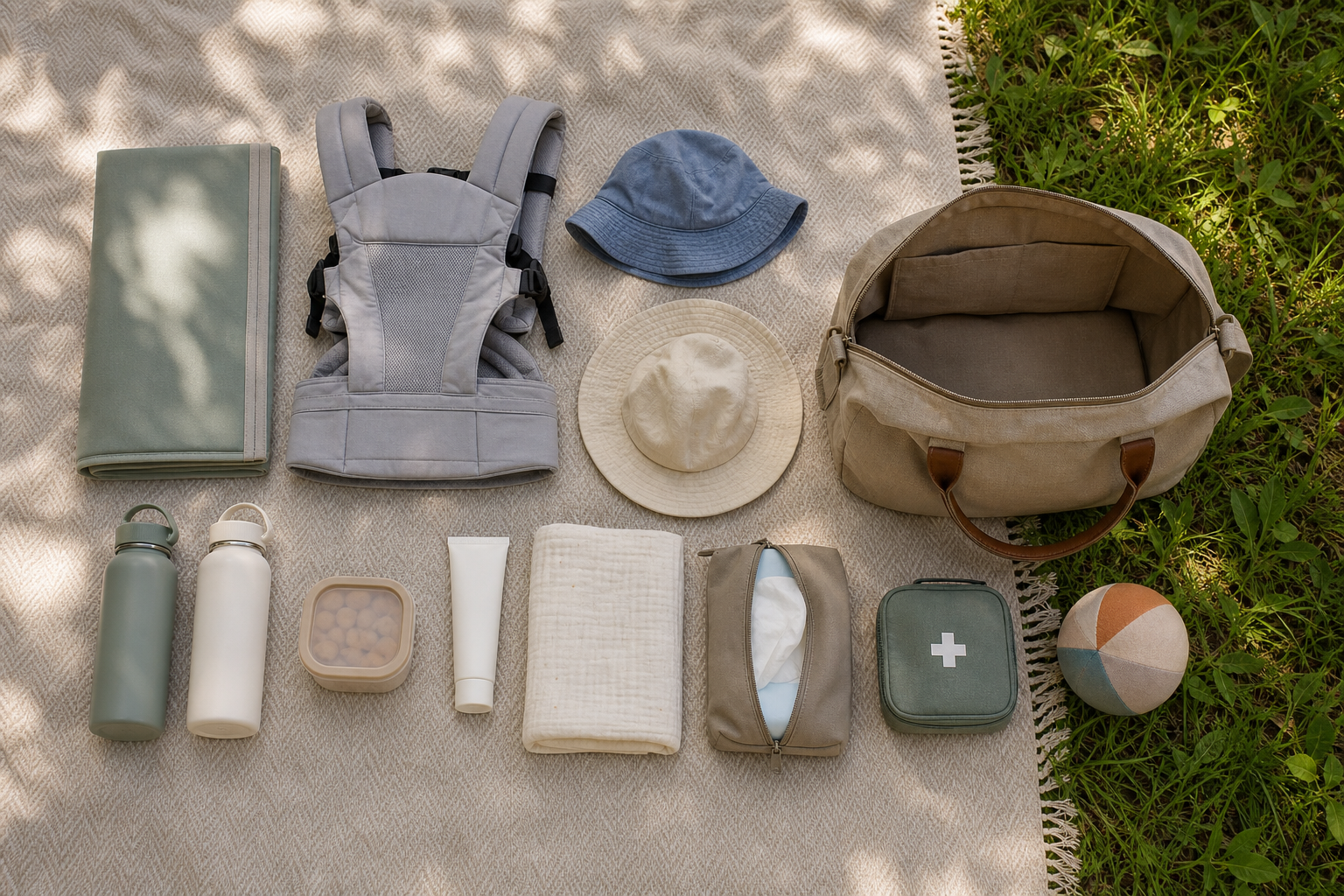 A compact family outdoor kit with a folded mat, child carrier, sun hats, water bottles, snacks, sunscreen, wipes, first-aid pouch, and a small ball arranged beside one day bag.