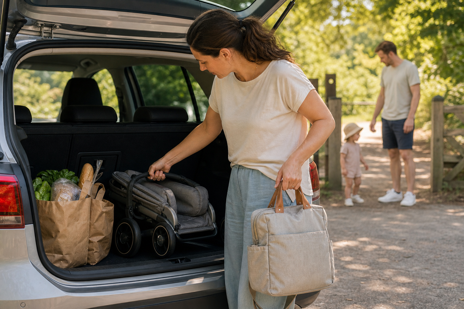 A caregiver folds a compact stroller beside the open cargo area of a small car while another adult supervises a toddler nearby.