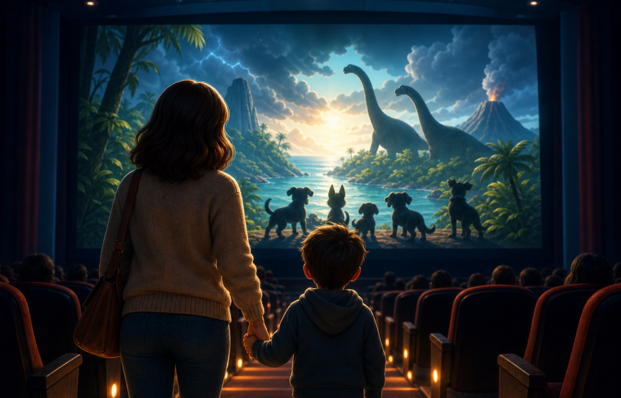 A parent and young child enter a movie theater where generic puppy and dinosaur silhouettes appear on a glowing screen.