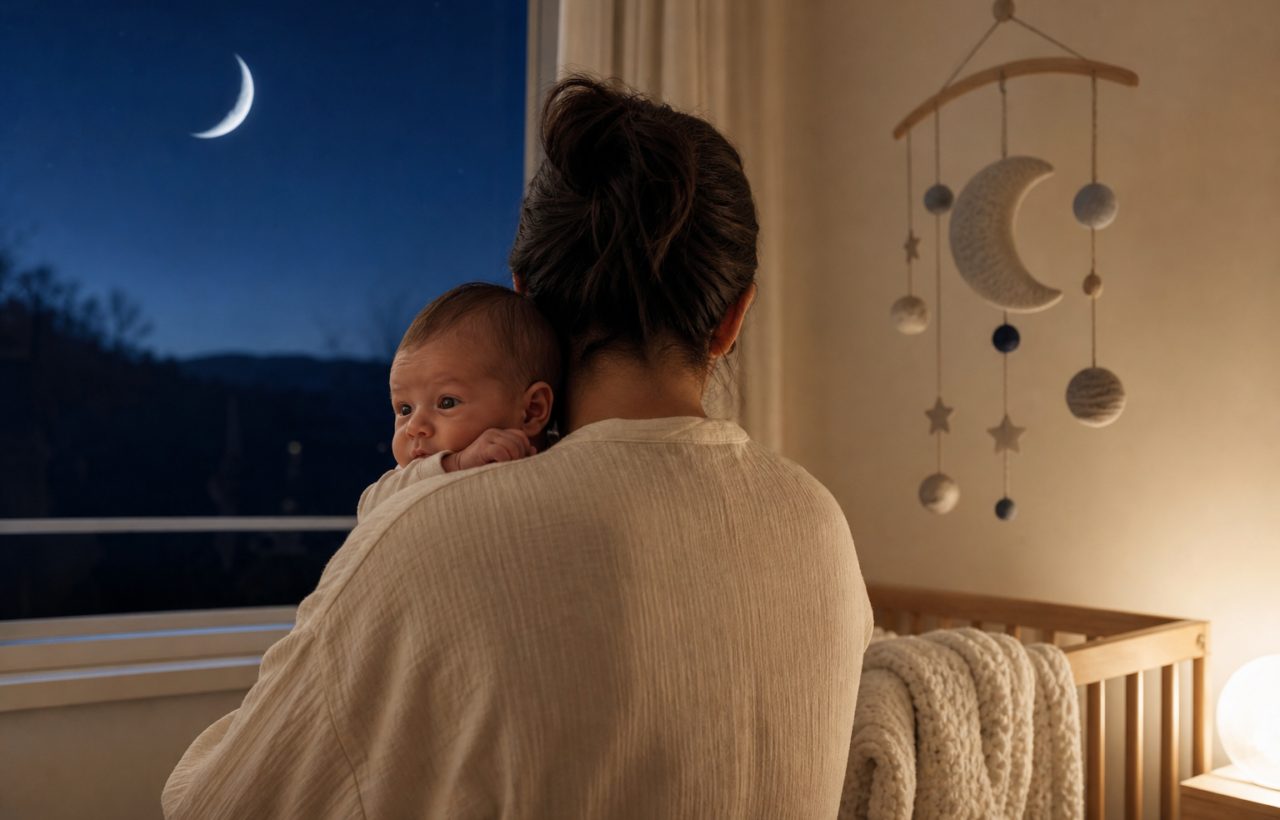A parent holds a newborn beside a nursery window with a crescent moon and lunar mobile nearby.