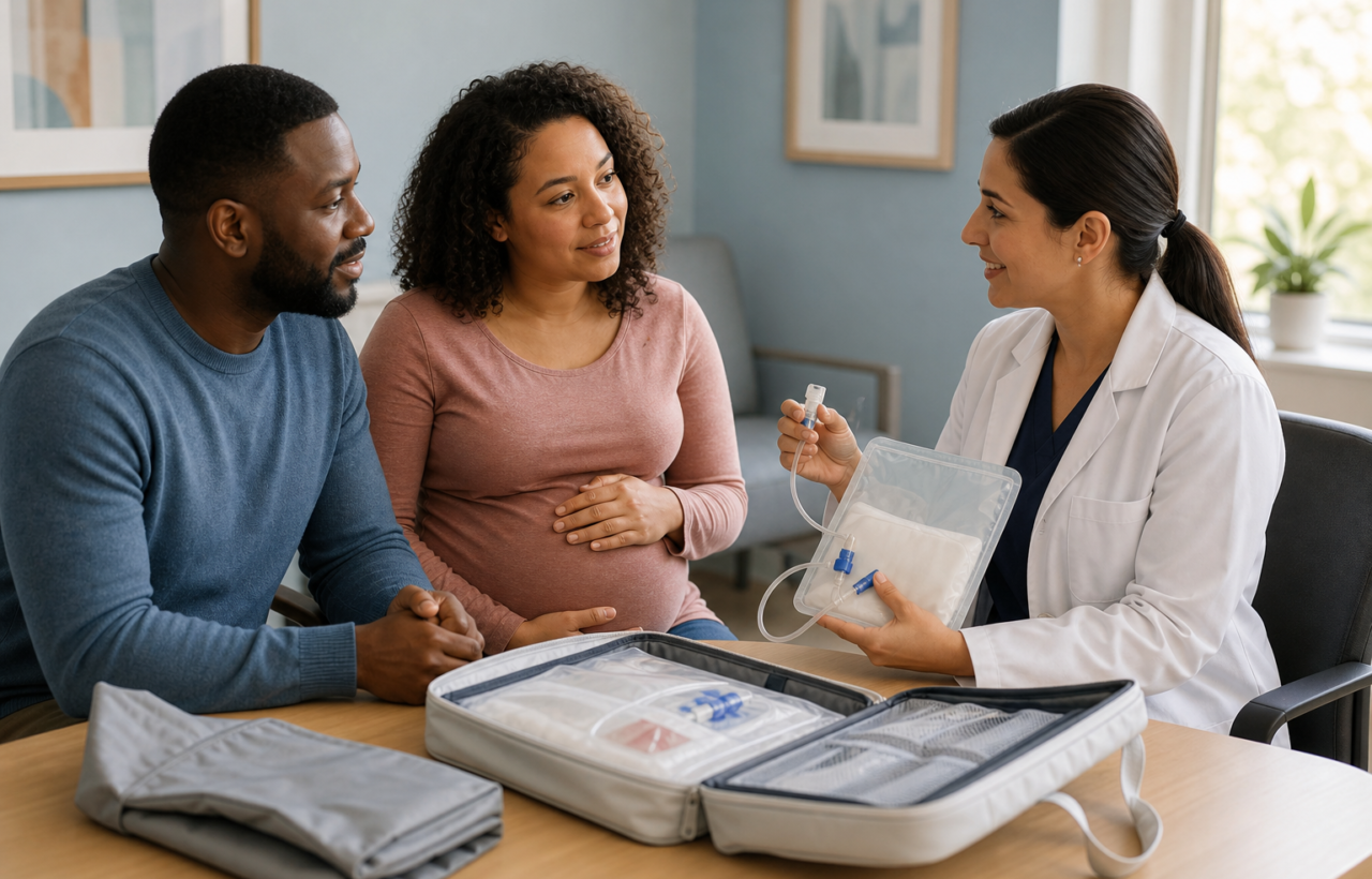 Expectant parents meet with a prenatal clinician beside an unlabeled cord blood collection kit and hospital bag.