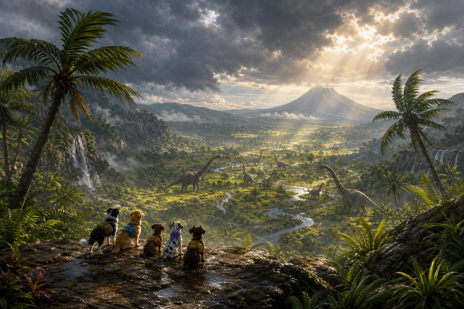 Generic rescue puppies overlook dinosaurs in a green island valley after a storm, with a volcano in the distance.
