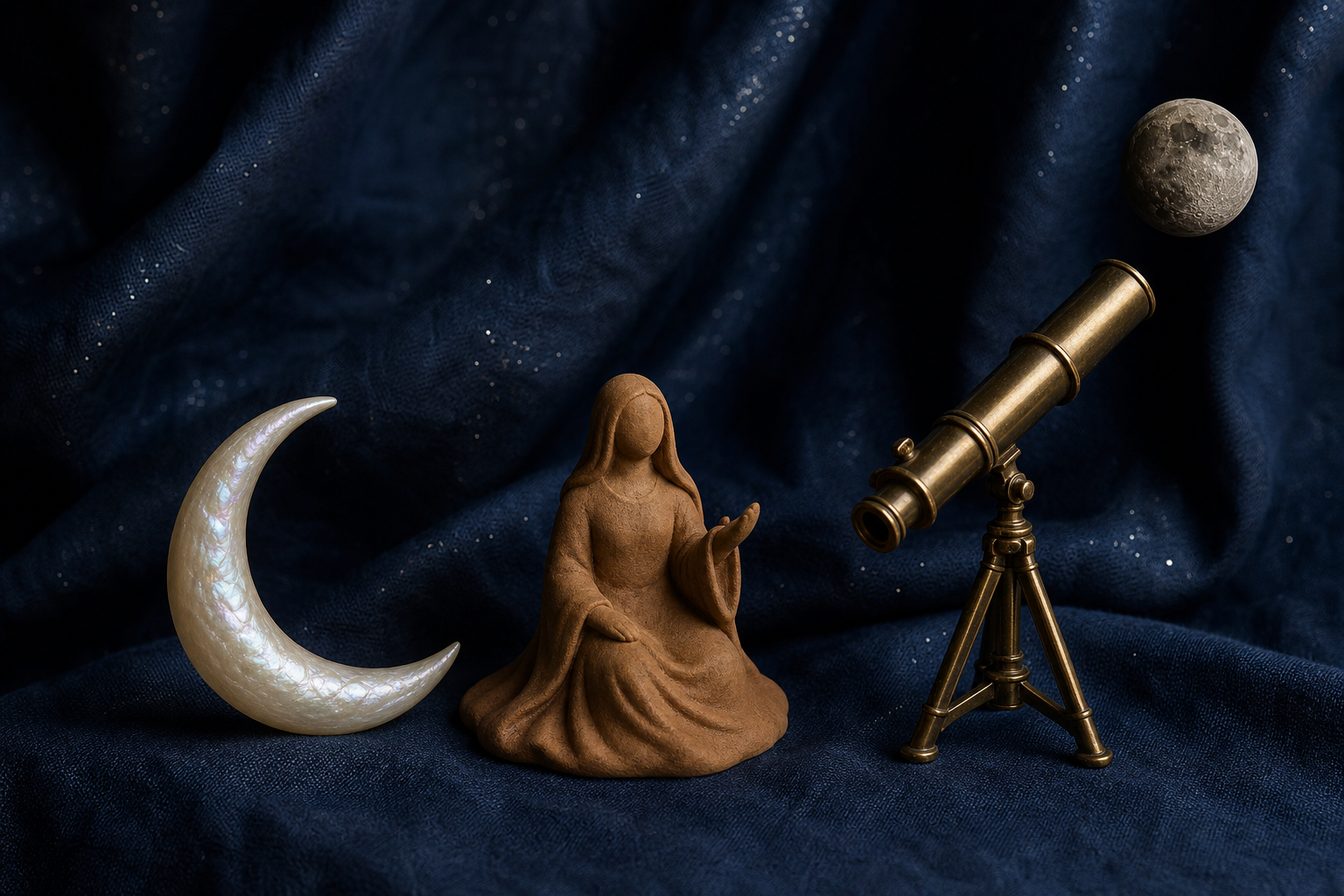 A crescent ornament, clay storytelling figure and brass telescope form a celestial still life on dark blue fabric.