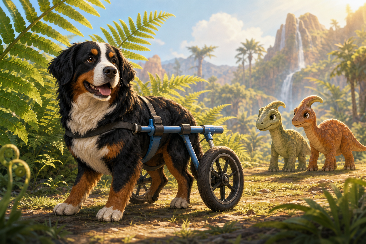 A Bernese Mountain Dog using a rear-wheel mobility cart meets two small dinosaurs in a sunny fern clearing.