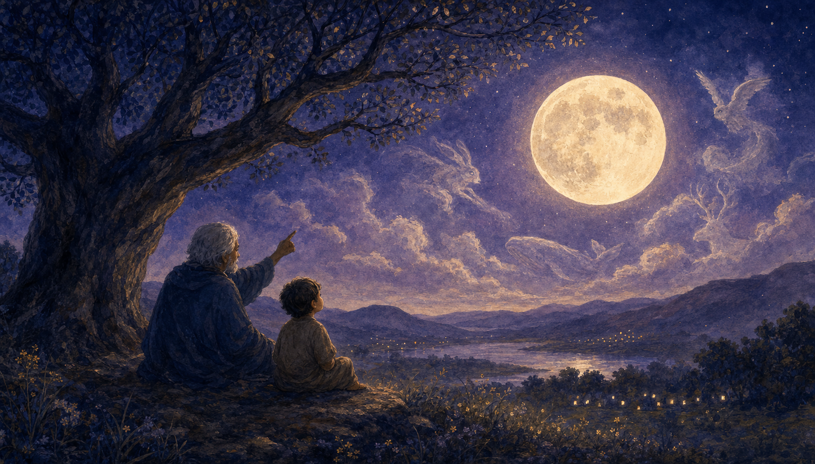 An elder tells a child a story beneath a full moon as faint figures appear in the surrounding clouds.
