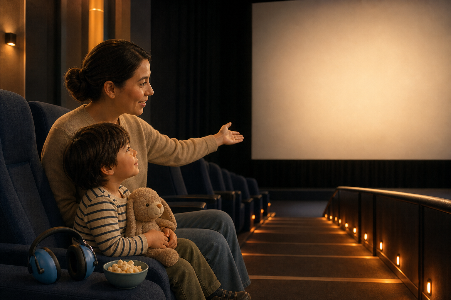 A parent helps a relaxed child settle into an aisle seat with hearing protection and a comfort toy before a movie.