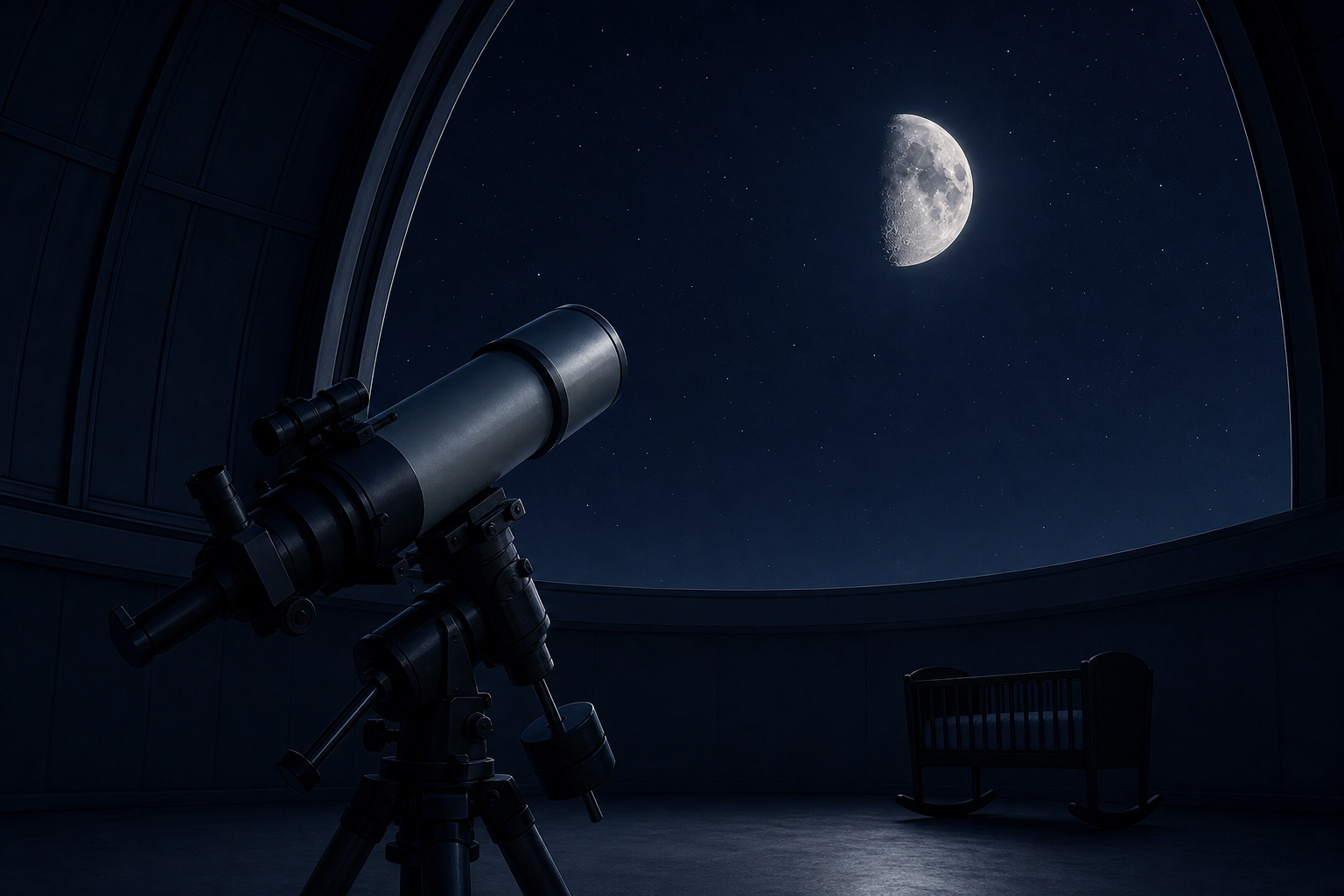 A telescope in a small observatory points toward a detailed waxing moon above a silhouetted bassinet.