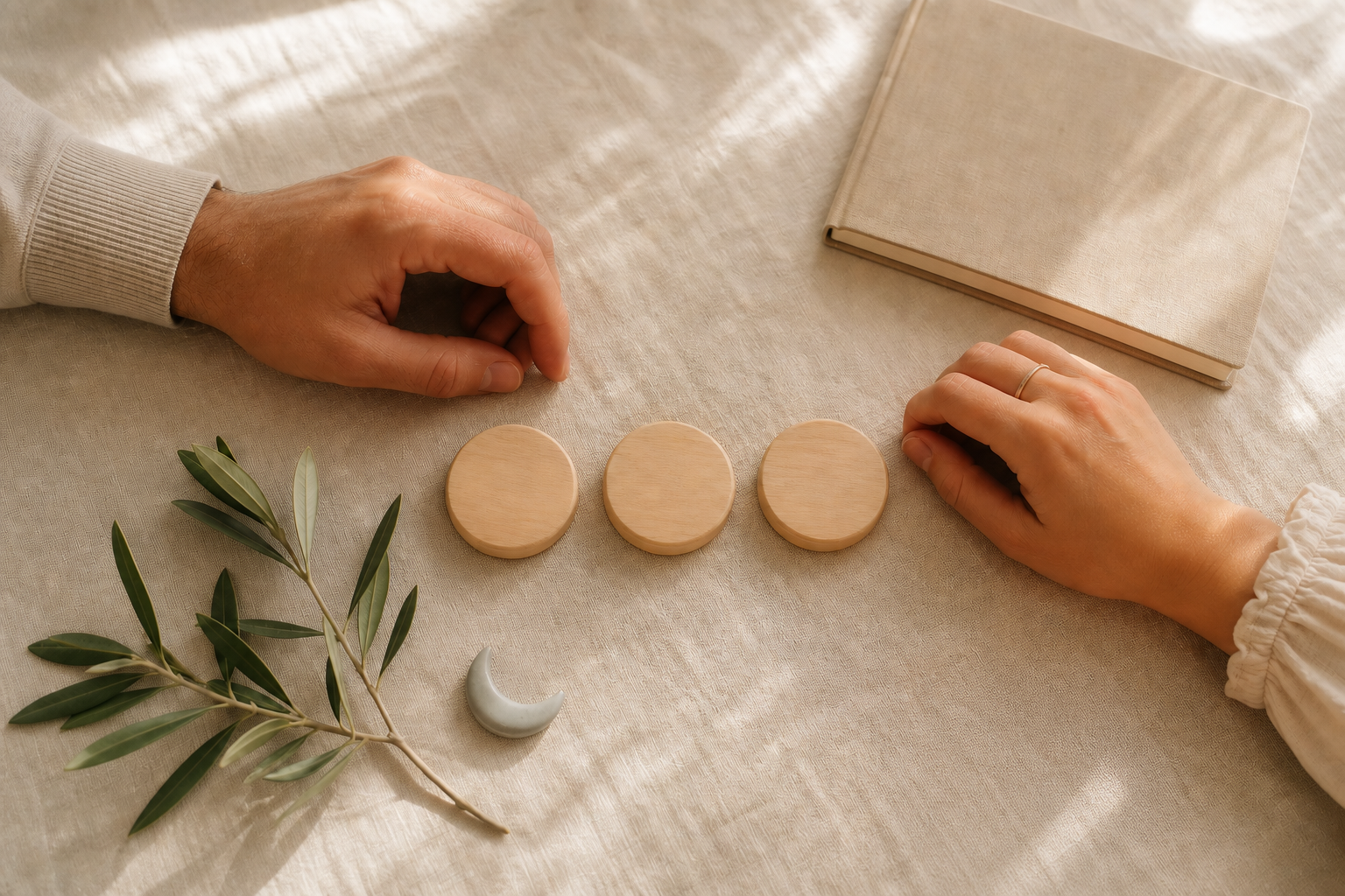 Two adults' hands surround three blank wooden tokens, a crescent keepsake and a closed notebook on cream linen.