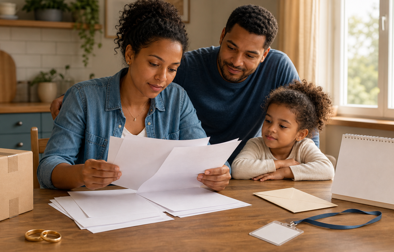 A parent reviews blank benefit forms at a kitchen table beside wedding rings, a work badge, an envelope, and a moving box while their family stands nearby.