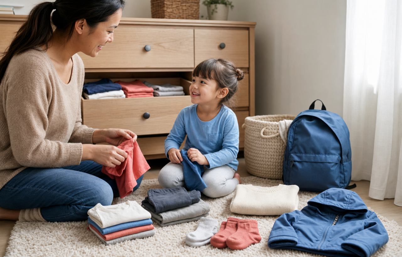 A parent and toddler organize a small collection of mix-and-match school clothes beside a dresser and laundry basket.