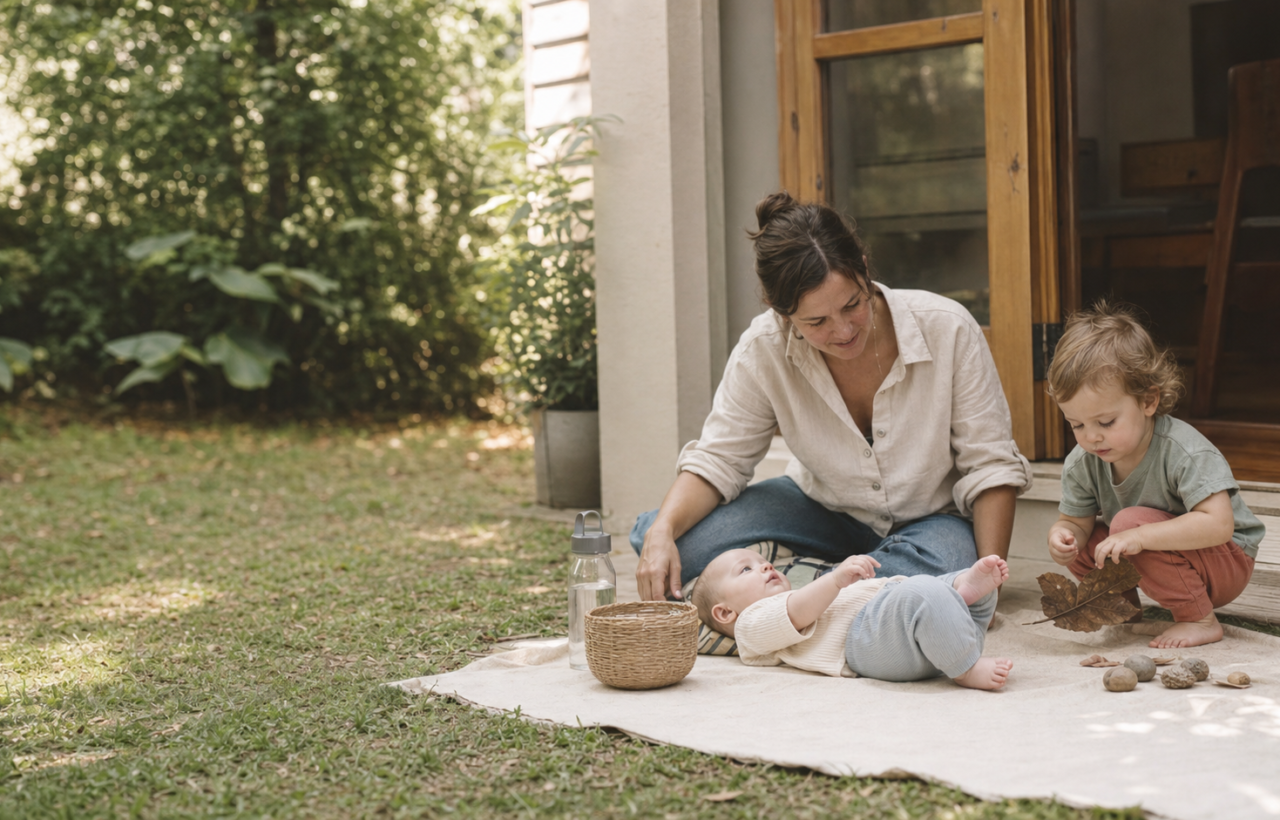 A caregiver sits outside near an open back door as a baby rests on a blanket and a toddler examines a fallen leaf.