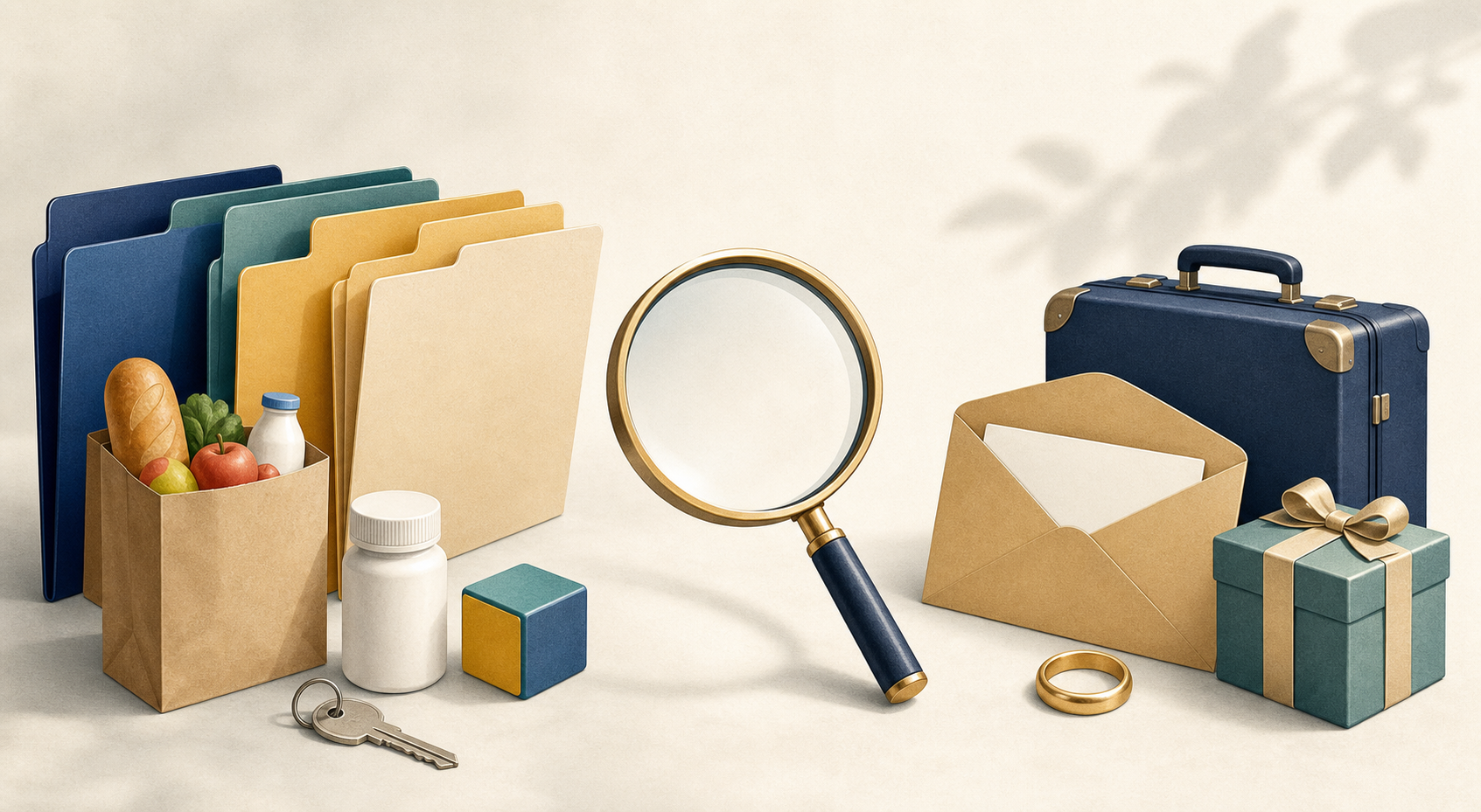 A magnifying glass sits between benefit-related household items and symbols of marriage, work, travel, and a financial gift.