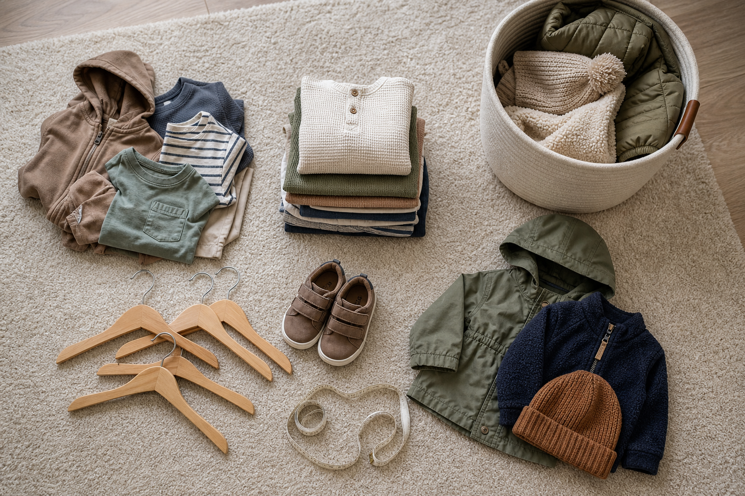 Toddler clothes are sorted by fit on a rug beside a laundry basket, measuring tape, shoes, and empty hangers.
