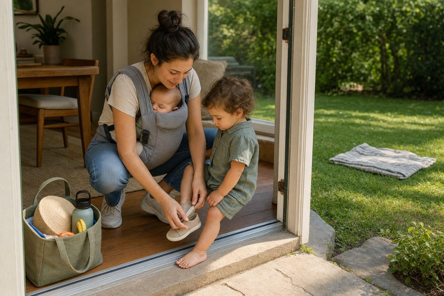 A caregiver helps a toddler with a shoe at an open patio door while carrying a baby, with a blanket and small tote waiting outside.