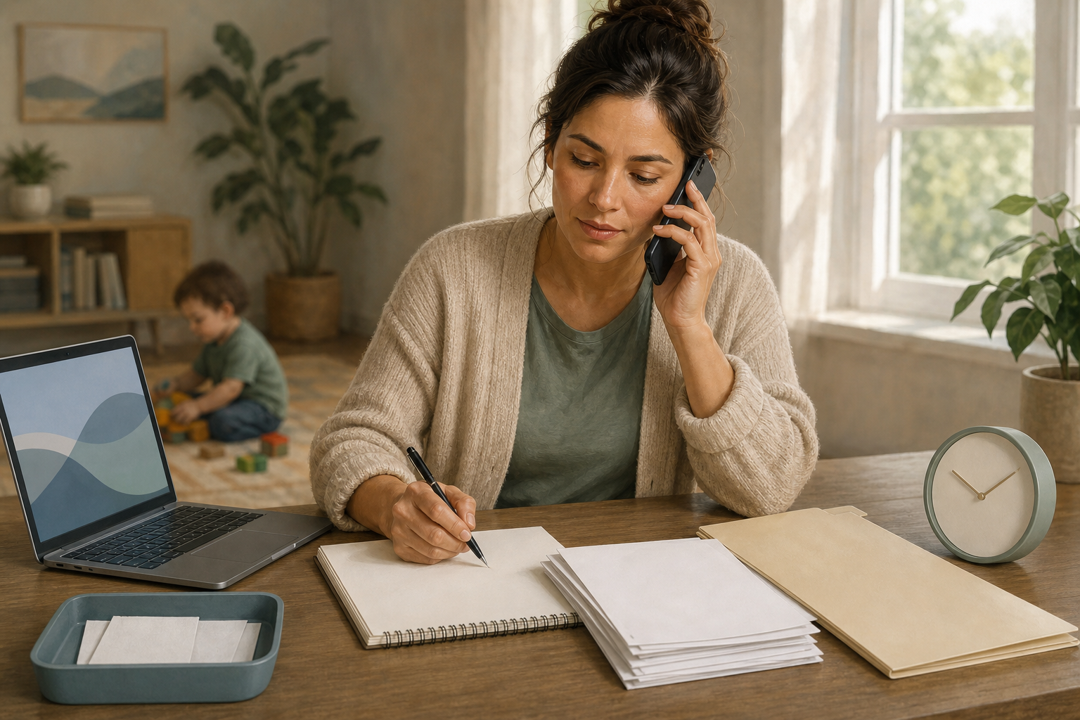 A parent takes notes during a phone call at a desk with organized forms, receipts, and a laptop while a child plays in the background.