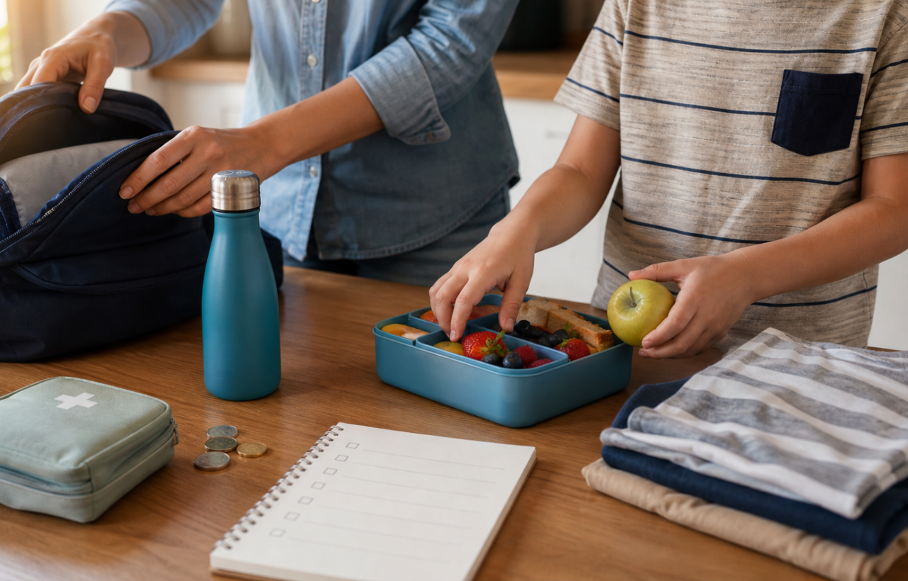 A caregiver and child organize a backpack, lunchbox, clothes, health pouch and coins on a kitchen table before school.