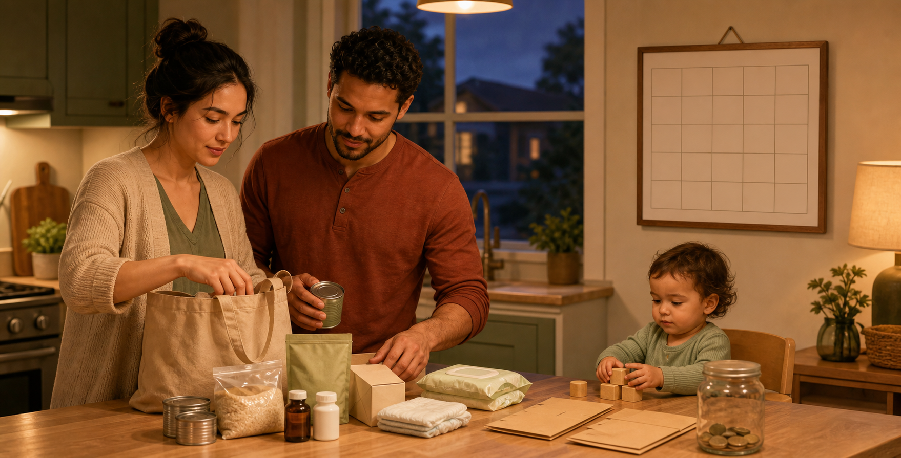 Two caregivers organize groceries, medicine, child supplies, and household envelopes beside a savings jar and blank calendar.
