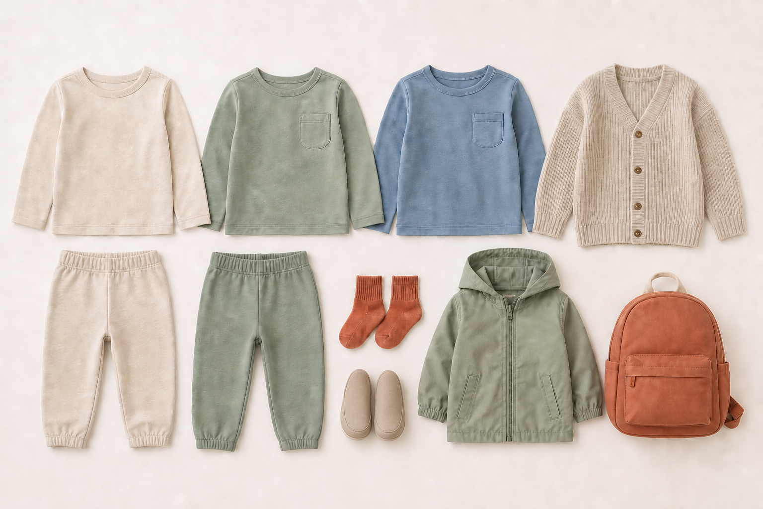 A small capsule wardrobe of toddler tops, pull-on pants, layers, socks, and shoes is arranged for easy mixing and matching.