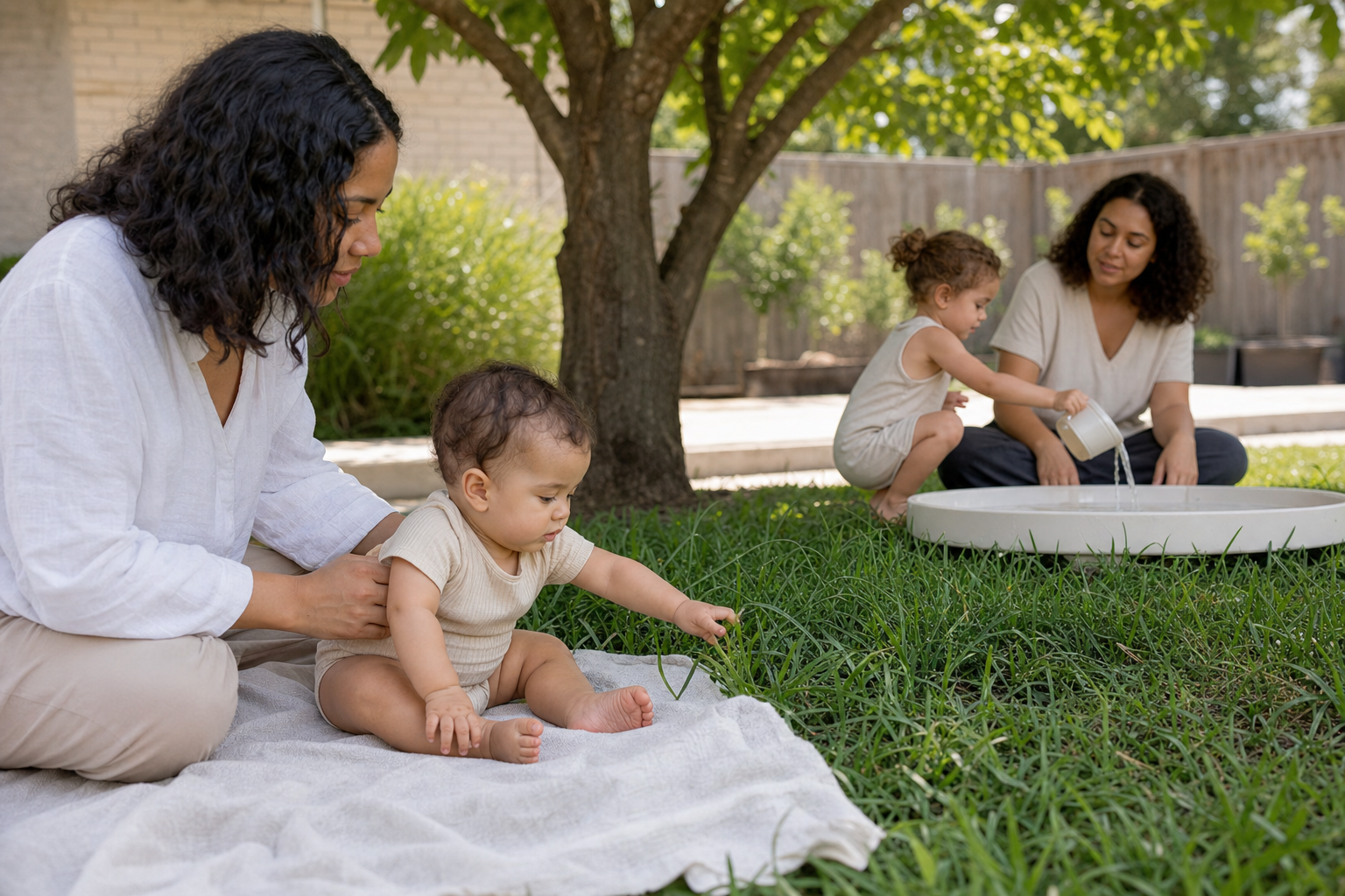 A baby touches grass with support from a caregiver while a supervised toddler fills a cup at a shallow water basin nearby.