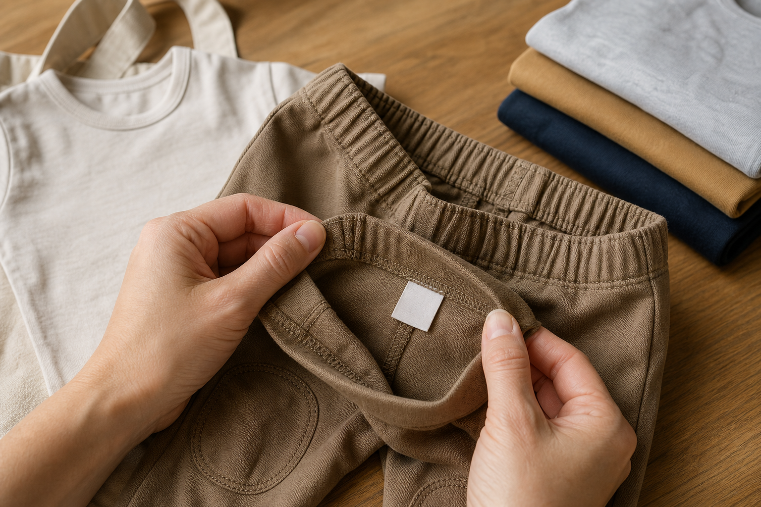 An adult inspects the stitching, reinforced knees, seams, and elastic waist of toddler pants before buying them.