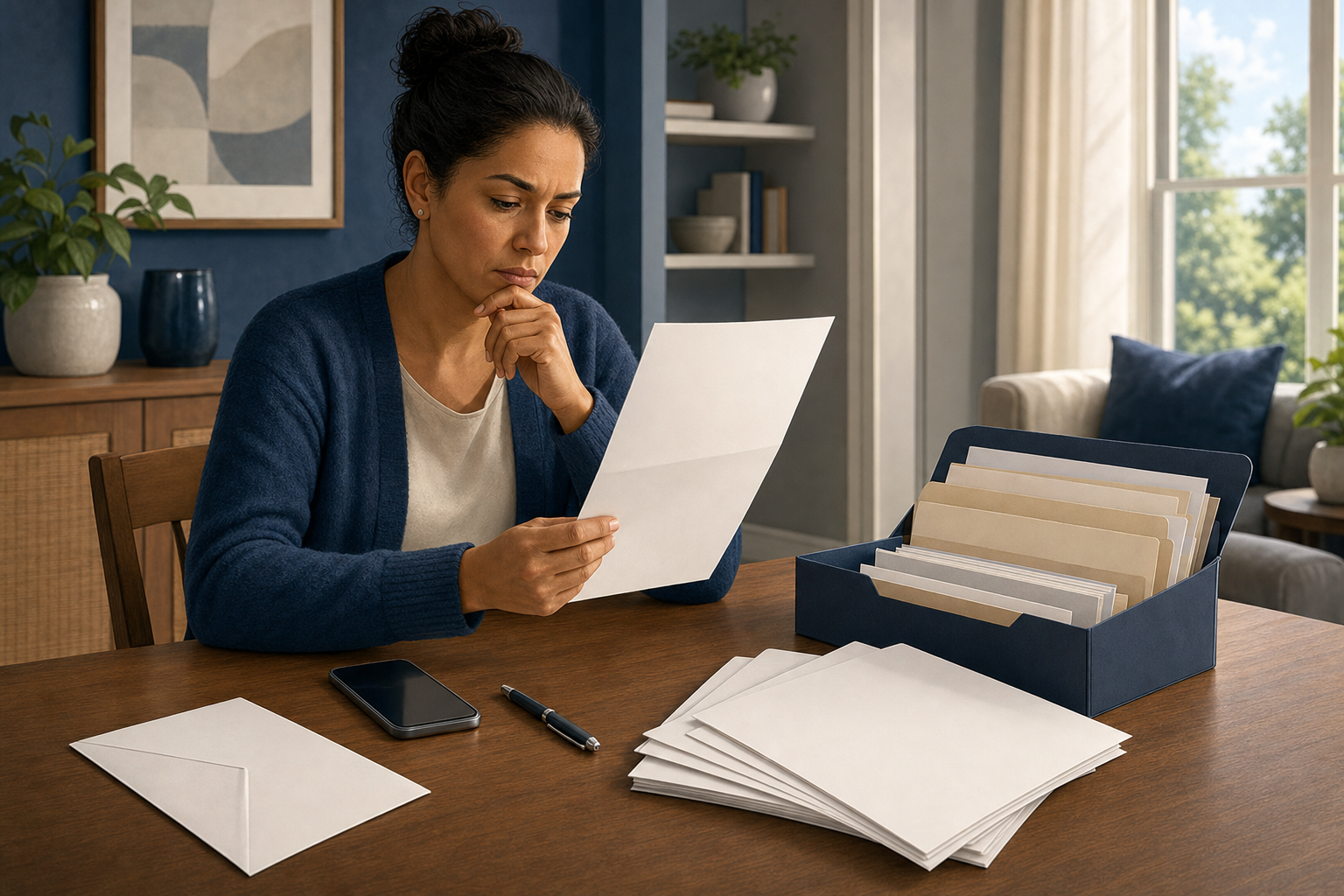 A concerned parent reviews a blank official notice beside an organized folder, pay records, a phone, and a pen.