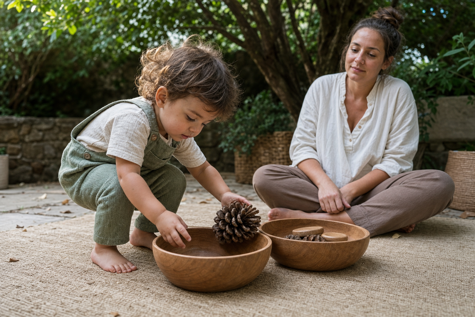 A toddler transfers large natural objects between bowls while a caregiver watches from a short distance away.