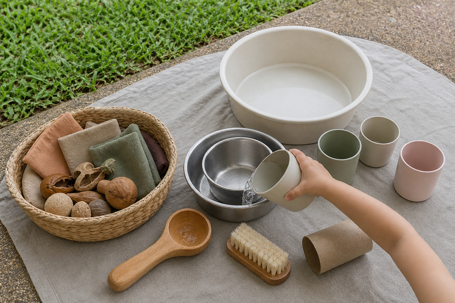 A toddler pours water between cups in a small outdoor setup with bowls, a scoop, fabric pieces, and other large open-ended play materials.