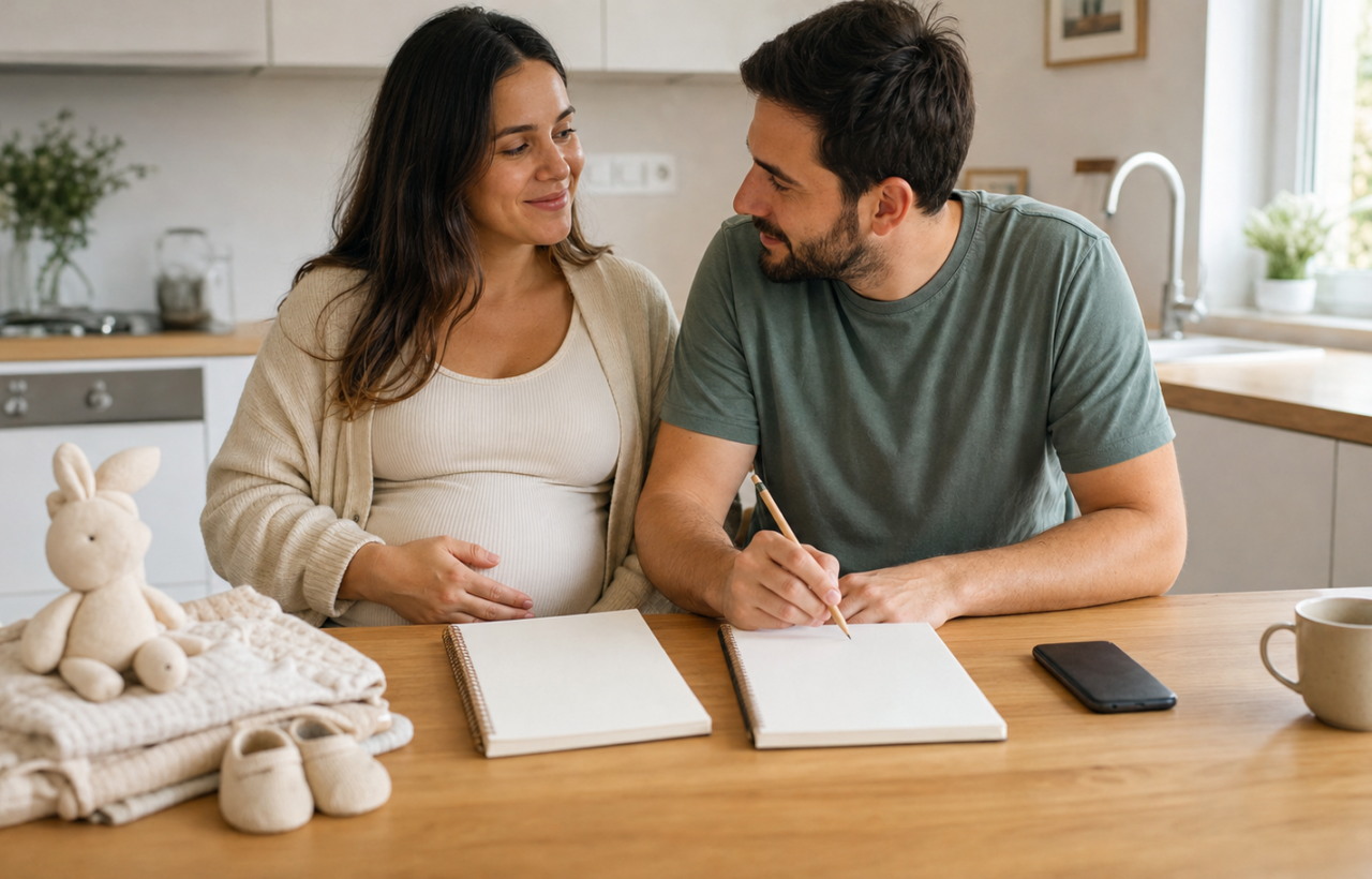 Expectant parents sit at a kitchen table with blank notebooks and baby items while considering a decision together.