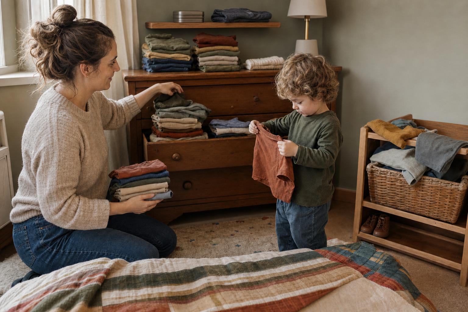 A parent rotates freshly washed toddler clothes into a dresser while a spare outfit waits in a preschool cubby basket.