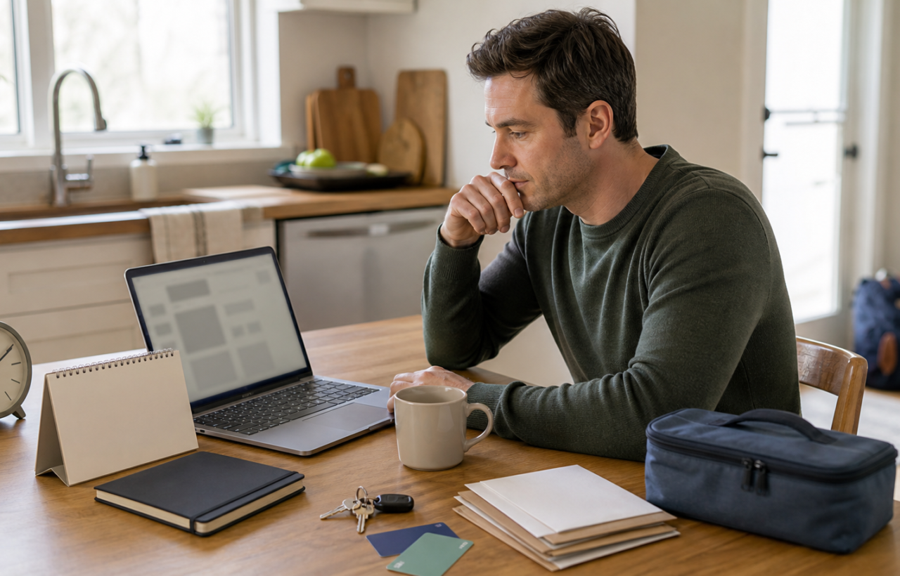 A parent researches a career change at a kitchen table beside a laptop, clock, calendar, lunch bag, keys and household envelopes.