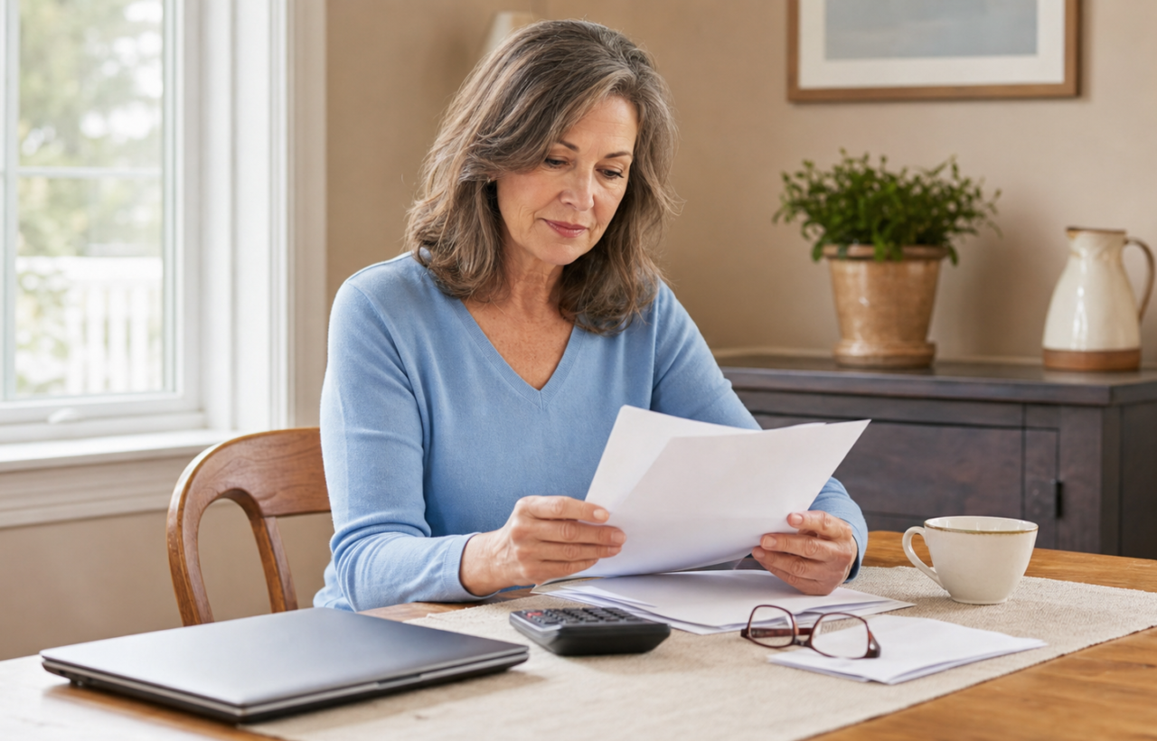 A woman in her mid-50s reviews retirement materials with a calculator and laptop at her dining table.