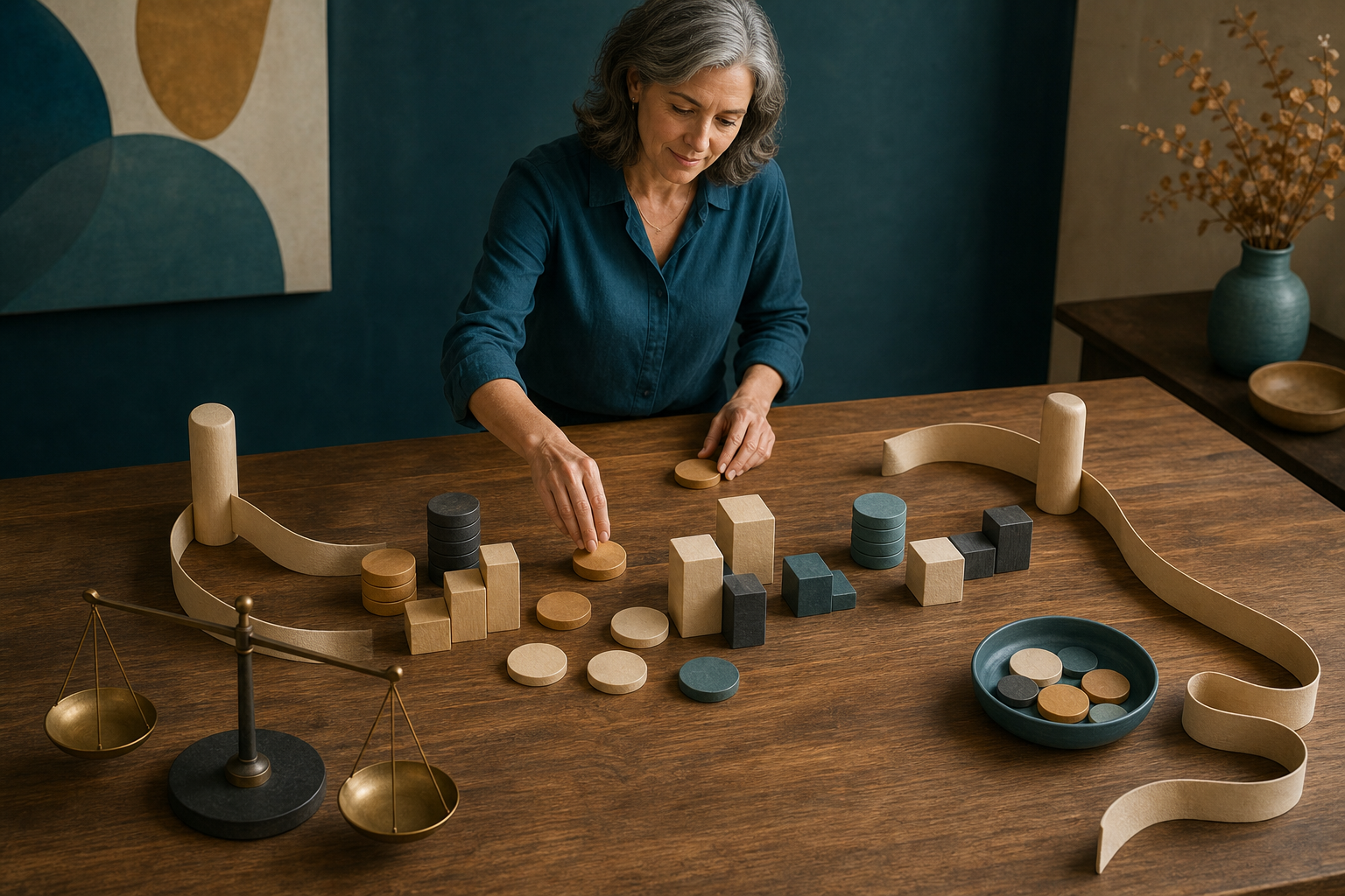 A midlife woman arranges wooden blocks and coin-like discs between two boundary posts beside a balance scale.