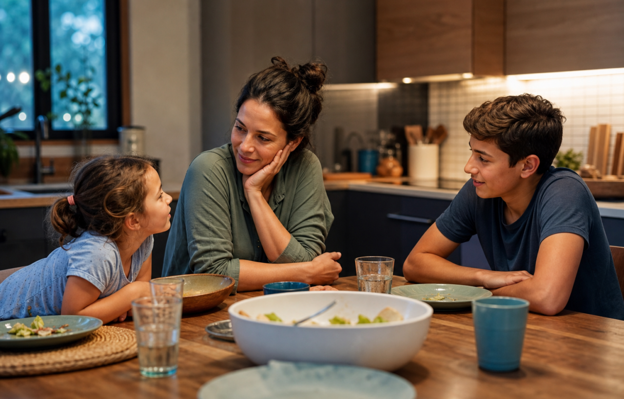 Parent listening warmly as two children talk at a kitchen table after dinner.