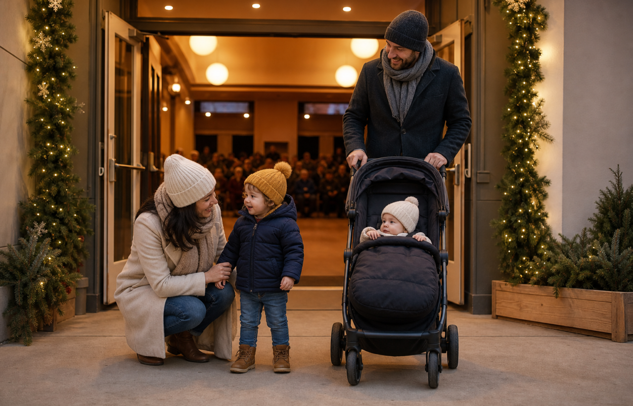 Two parents arrive at a festively decorated theatre with a toddler and a baby in a stroller.