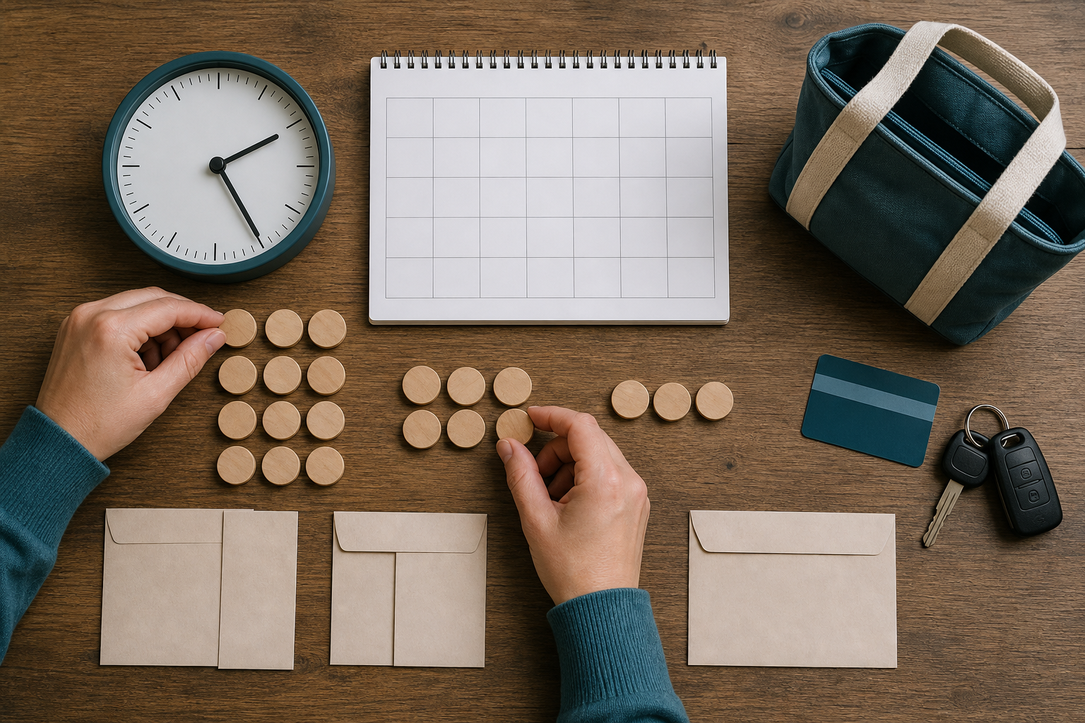 A parent arranges counting tokens beside a clock, blank calendar, household envelopes, transit card, keys and a childcare tote.