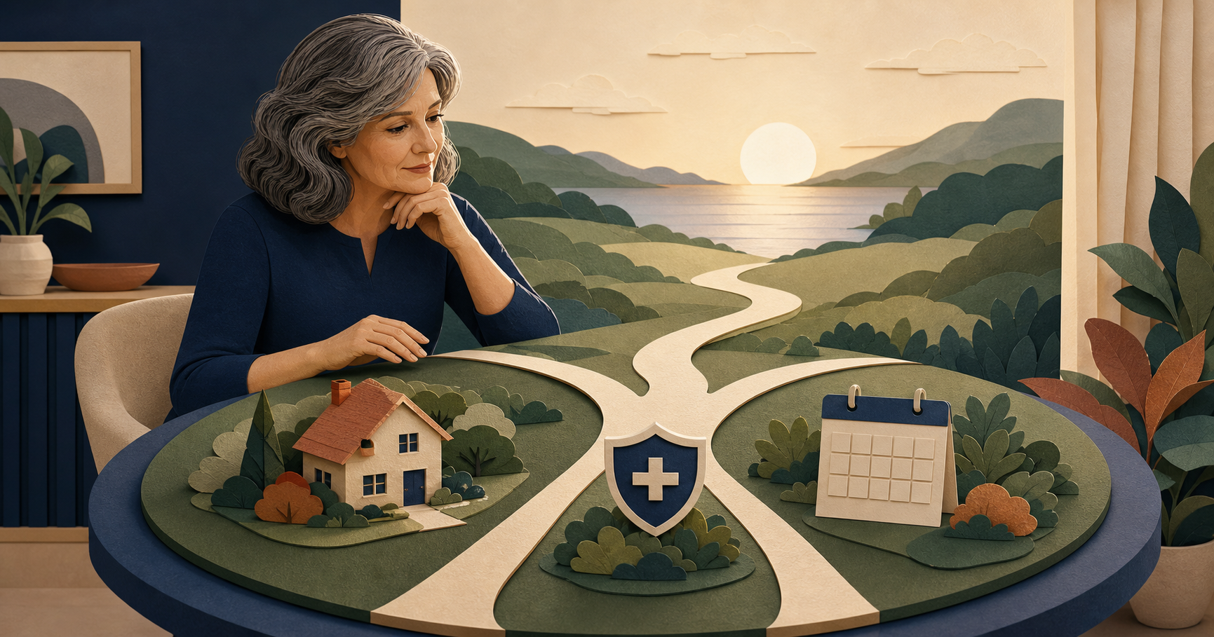A woman considers three miniature paths leading toward symbols of housing, healthcare, and time.
