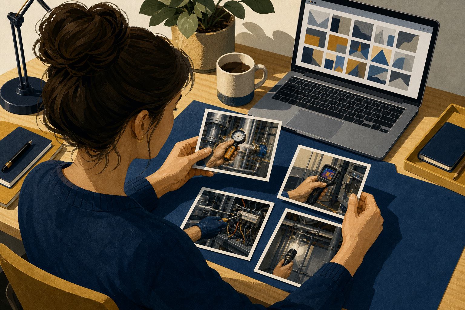 A parent compares unlabelled images of specialized technical tasks while researching on a laptop at a desk.