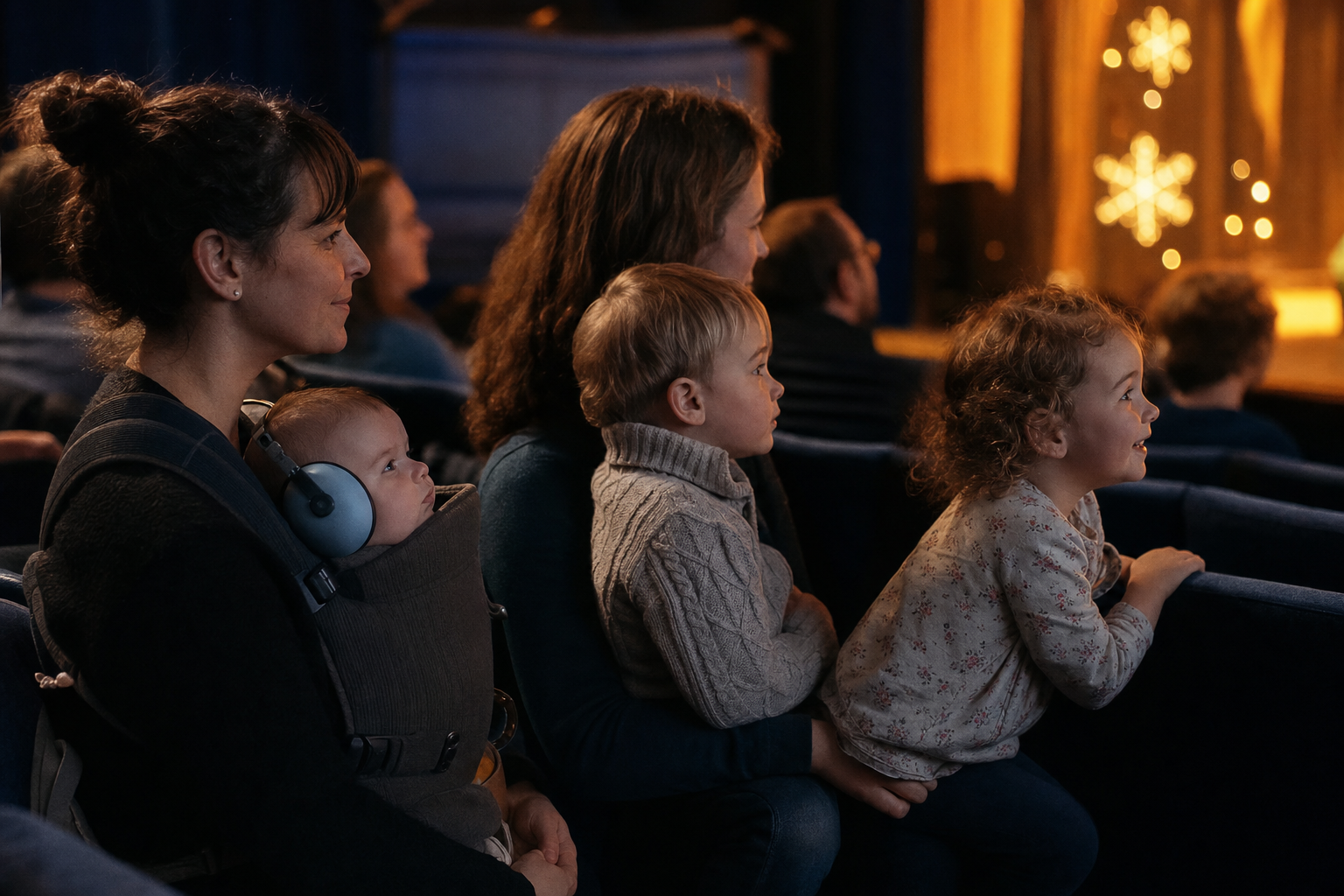Young children respond in different ways to a softly lit festive theatre performance while seated with their parents.
